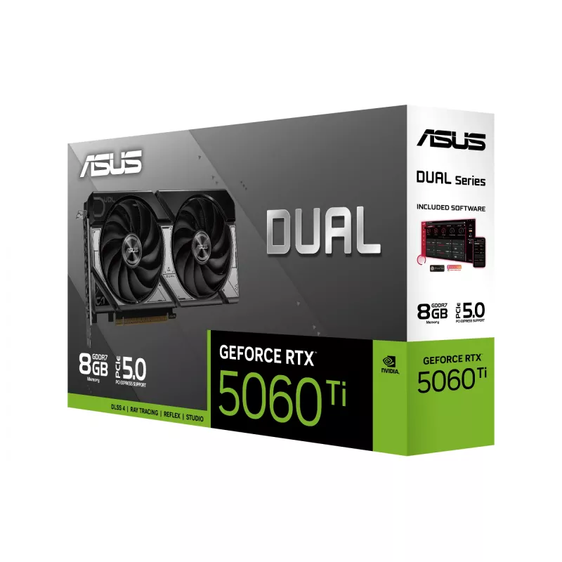 Videokaart ASUS GeForce RTX 5060 Ti Dual — 8 GB GDDR7, 128-bit, PCIe 5.0, aktiivne jahutus (2 ventilaatorit), max 7680×4320