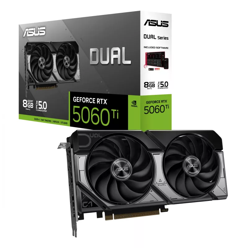 Videokaart ASUS GeForce RTX 5060 Ti Dual — 8 GB GDDR7, 128-bit, PCIe 5.0, aktiivne jahutus (2 ventilaatorit), max 7680×4320