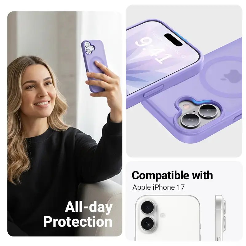 Crong Hybrid Matte Magnetic MagSafe-ümbris iPhone 17-le — poolläbipaistev lavendel, PC+TPU
