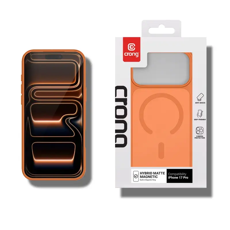 Crong Hybrid Matte Magnetic MagSafe-ümbris iPhone 17 Pro jaoks — PC+TPU, poolläbipaistev oranž