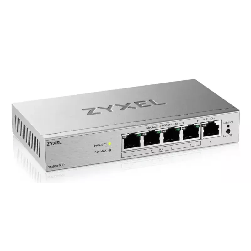 Hallatav L2 Gigabit PoE lauaarvuti võrgulüliti Zyxel GS1200-5HPV3 — 5x Gigabit (10/100/1000), PoE, DC-sisend, 10 Gbps lülitusvõime