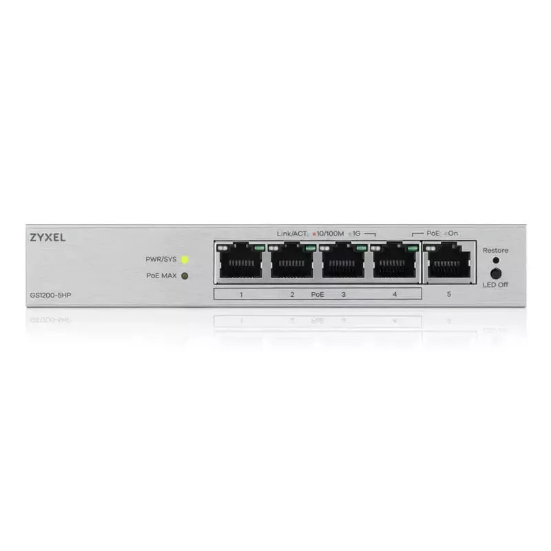 Hallatav L2 Gigabit PoE lauaarvuti võrgulüliti Zyxel GS1200-5HPV3 — 5x Gigabit (10/100/1000), PoE, DC-sisend, 10 Gbps lülitusvõime