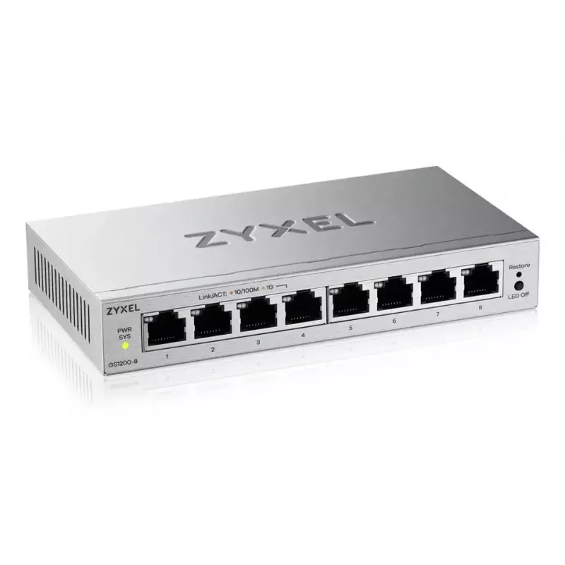 Hallatav L2 Gigabit Etherneti kommutaator Zyxel GS1200-8V3 — 8x RJ-45 10/100/1000, 16 Gbit/s, MAC 4000, lauaarvuti, hall