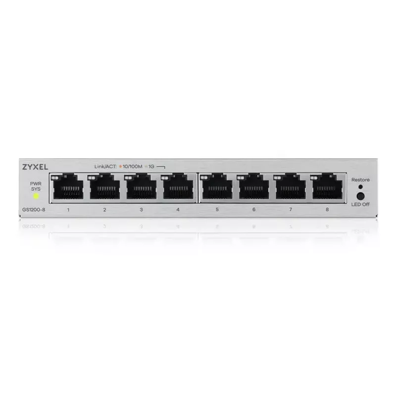 Hallatav L2 Gigabit Etherneti kommutaator Zyxel GS1200-8V3 — 8x RJ-45 10/100/1000, 16 Gbit/s, MAC 4000, lauaarvuti, hall