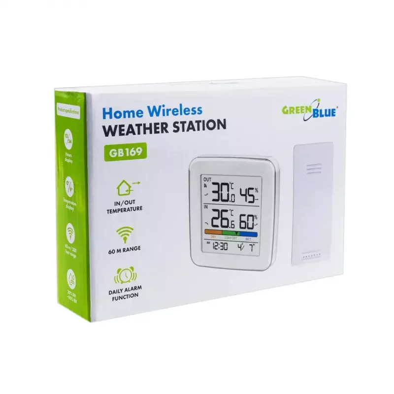 Juhtmevaba ilmajaam GreenBlue GB169 — sise-/välistemperatuur ja -niiskus, kell, äratus, ulatus kuni 60 m, °C/°F valitav