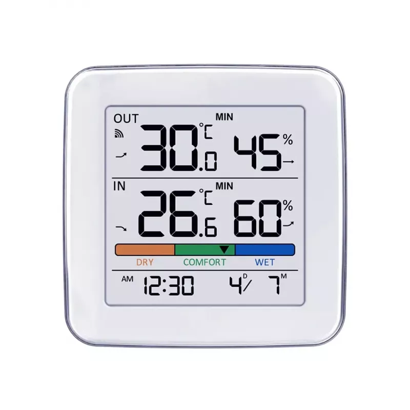 Juhtmevaba ilmajaam GreenBlue GB169 — sise-/välistemperatuur ja -niiskus, kell, äratus, ulatus kuni 60 m, °C/°F valitav
