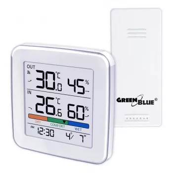 Juhtmevaba ilmajaam GreenBlue GB169 — sise-/välistemperatuur ja -niiskus, kell, äratus, ulatus kuni 60 m, °C/°F valitav