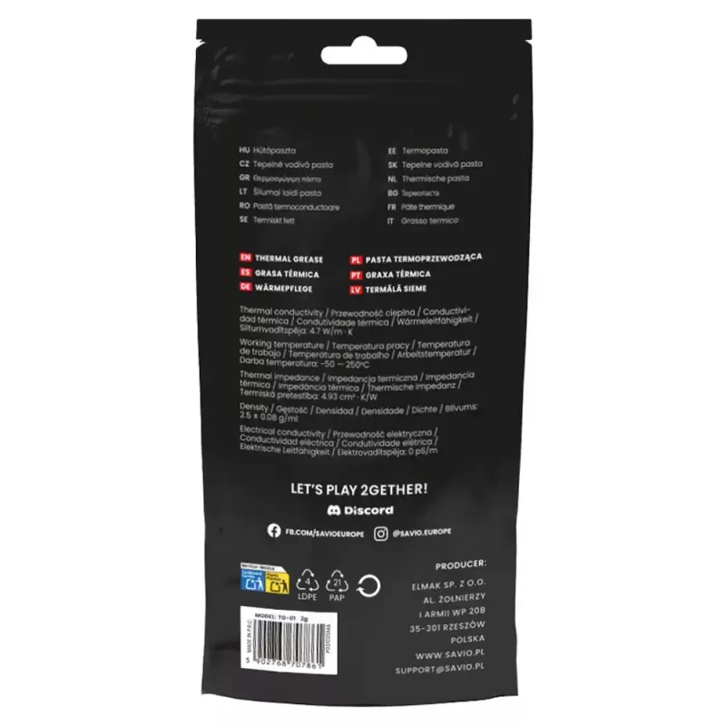 Termopasta SAVIO TG-01 2G — soojusjuhtivus 4,7 W/m·K, 2 ml, hall/must