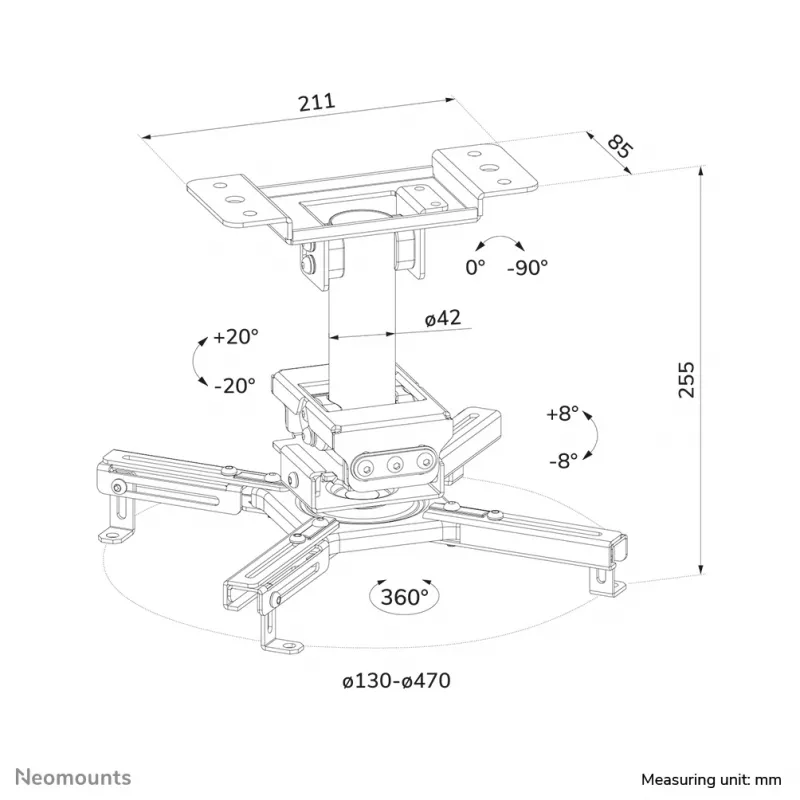 Laeprojektori kinnitus Neomounts CL25-530WH1 — täisliigutusega, maksimaalne koormus 45 kg, kõrgus 25,5 cm, valge
