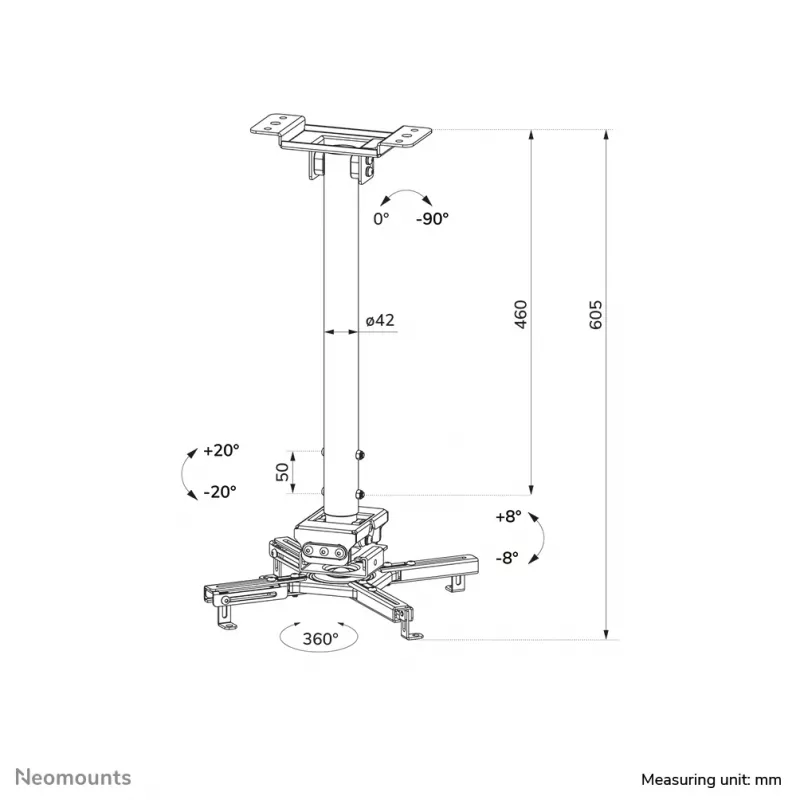Neomounts CL25-540WH1 projektori laekinnitus – kõrgus 60,5–90,5 cm – lihtne paigaldus – täisliigutatav