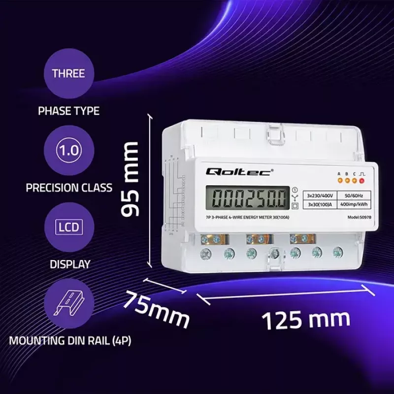 Kolmefaasiline DIN-liistu energiaarvesti QOLTEC 50978 — 400V, 100A
