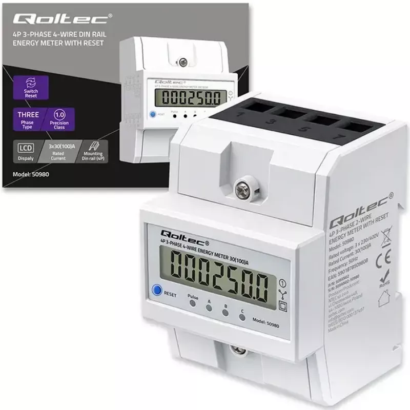 Kolmefaasiline energiamõõtur QOLTEC 50980 — 400 V, 100 A lähtestamisega