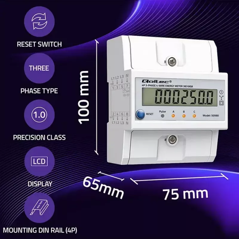 Kolmefaasiline energiamõõtur QOLTEC 50980 — 400 V, 100 A lähtestamisega