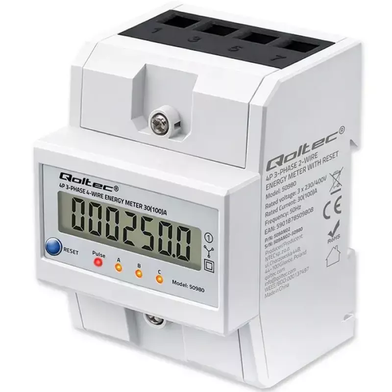 Kolmefaasiline energiamõõtur QOLTEC 50980 — 400 V, 100 A lähtestamisega