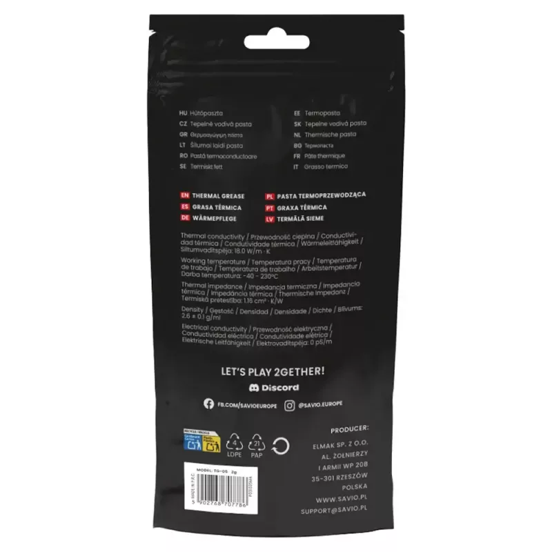 Termopasta SAVIO TG-05 2 g — soojusjuhtivus 18 W/m·K, 2 ml