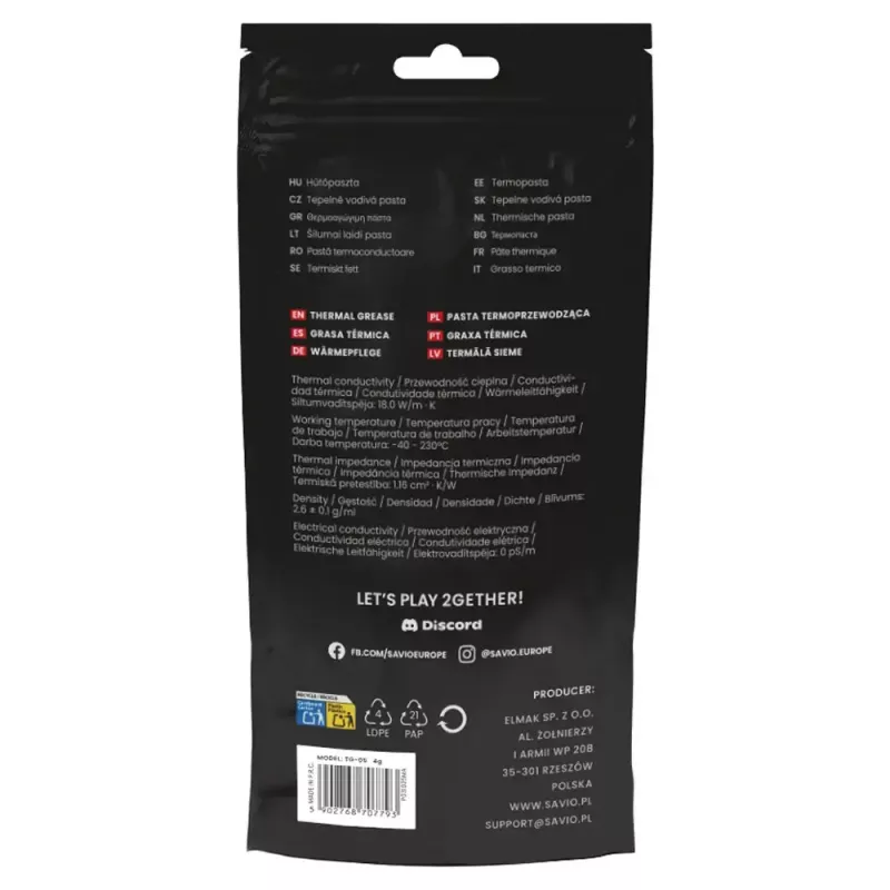 Termopasta SAVIO TG-05 4g — soojusjuhtivus 18 W/m·K, viskoossus 2,6 g/ml