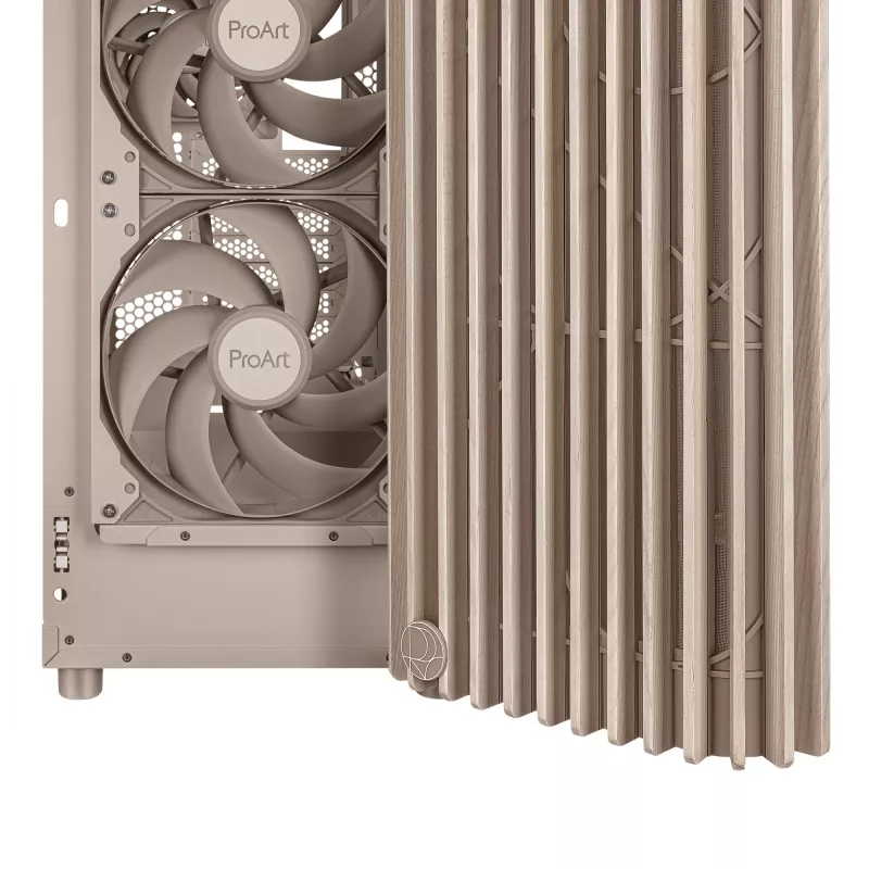 Arvutikorpus ASUS ProArt PA401 Wood Mesh PWM Beež — ATX, puit, 2×160 mm ees, 1×120 mm taga, 2×3,5 tolli + 2×2,5 tolli pesa