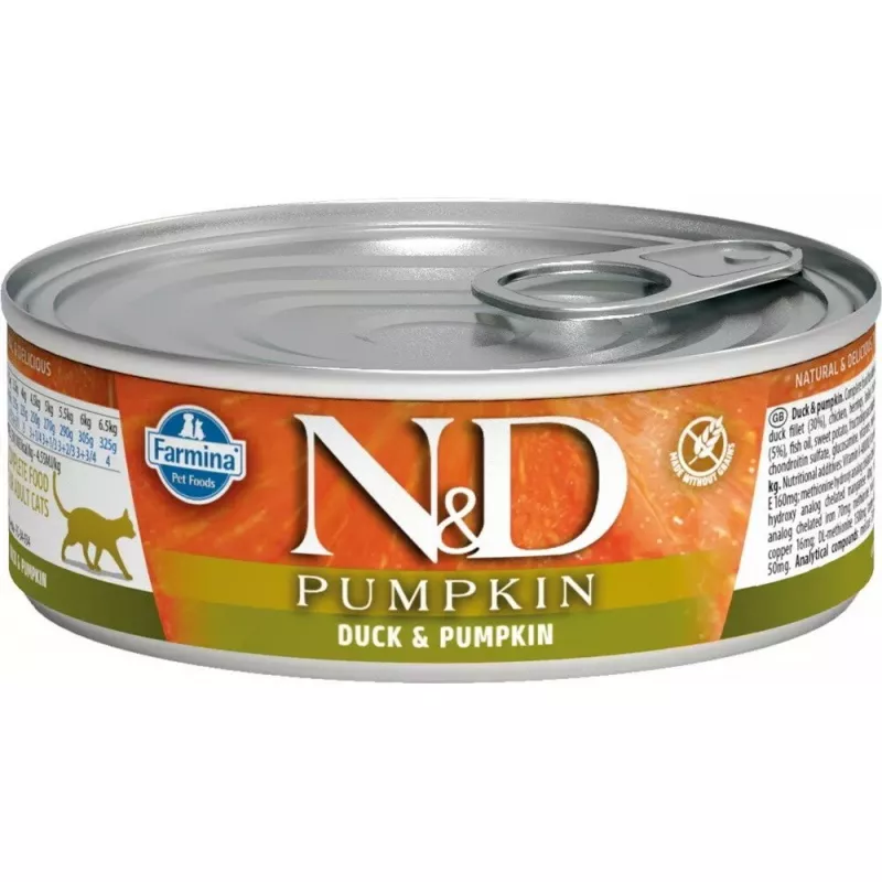 Märg kassitoit Farmina N&D Pumpkin Duck 70 g kotike, täiskasvanud vanemad kassid, 75% niiskus, 13% valk