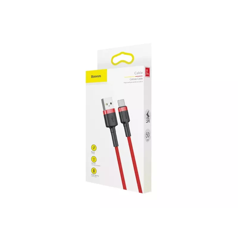 USB-A–USB-C kaabel Baseus Cafule — USB 2.0 A→C, QC3.0 laadimistugi, nailonpunutis, punane