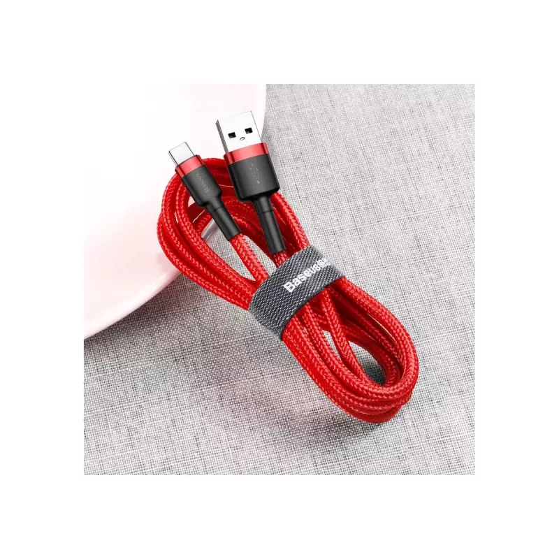USB-A–USB-C kaabel Baseus Cafule — USB 2.0 A→C, QC3.0 laadimistugi, nailonpunutis, punane