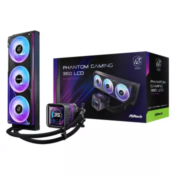Vedelikjahutusekomplekt ASRock Phantom Gaming 360 LCD — 120 mm ventilaatorid, LGA1700/AM5/AM4, must