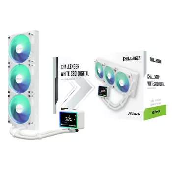 ASROCK Challenger 360 Digital ARGB Valge — 360mm protsessori vedelikjahuti, digitaalne ARGB-valgustus, valge viimistlus