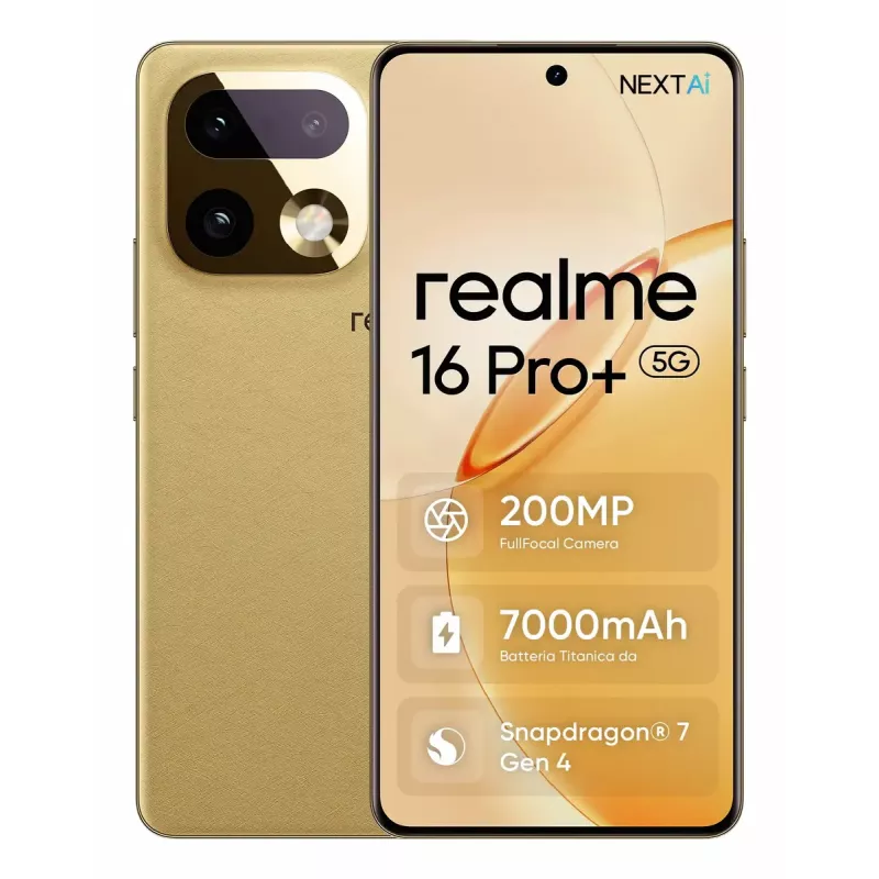 Nutitelefon REALME realme 16 Pro+ — 6,8 tolli (17,3 cm) 1280×2800, Snapdragon 7 Gen 4, 12 GB muutmälu, 512 GB, 200 MP, 7000 mAh, Kuldne