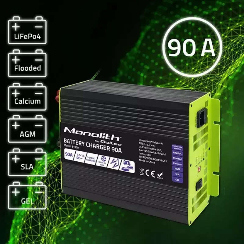 Akulaadija QOLTEC 51919 90A 12V LiFePO4 AGM GEL SLA akudele