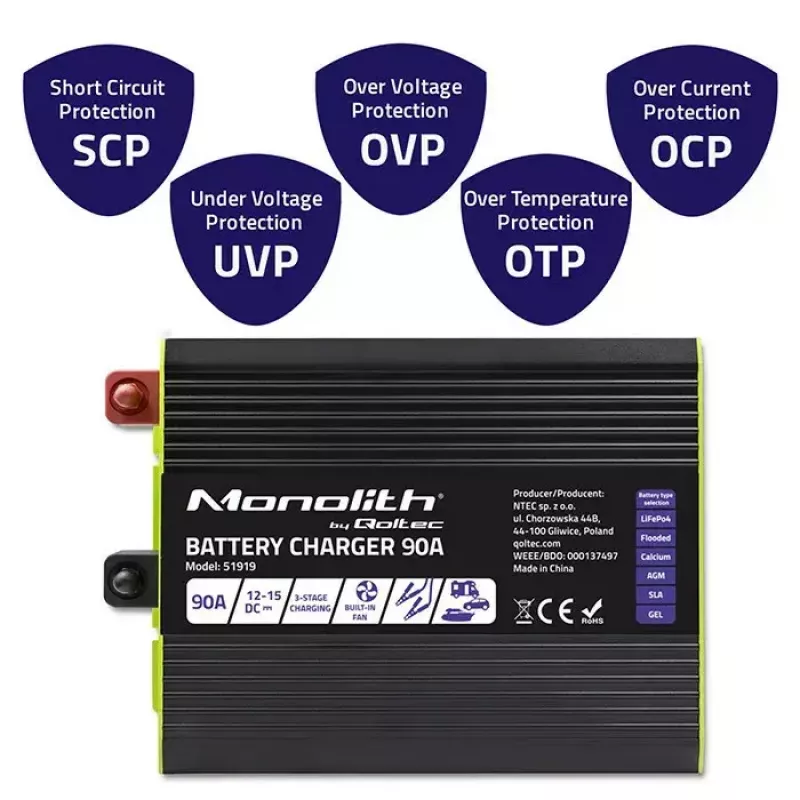 Akulaadija QOLTEC 51919 90A 12V LiFePO4 AGM GEL SLA akudele