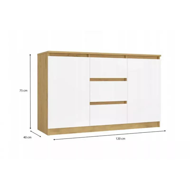 Kummut top e shop ARTISAN 2-ukseline 3-sahtliga, 1200×400×750 mm, valge, puitlaastplaat