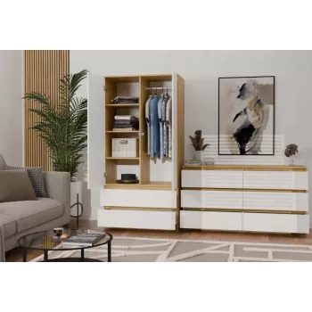 Riidekapp top e shop MALWA SS-90, 900×500×1800 mm, käsitöötamme raam, valged hingedega uksed, 2 sahtlit, puitlaastplaat