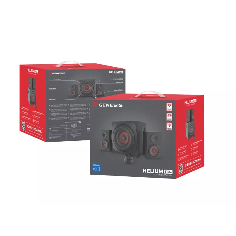 Kõlarikomplekt GENESIS Helium 610BT 2.1, 60 W RMS, Bluetooth, juhtmega, punane/must, kompaktne bassikõlar