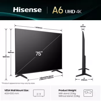 Hisense 75A6Q TV 190,5 cm (75 tolli) 4K Ultra HD nutiTV Wi-Fi Must