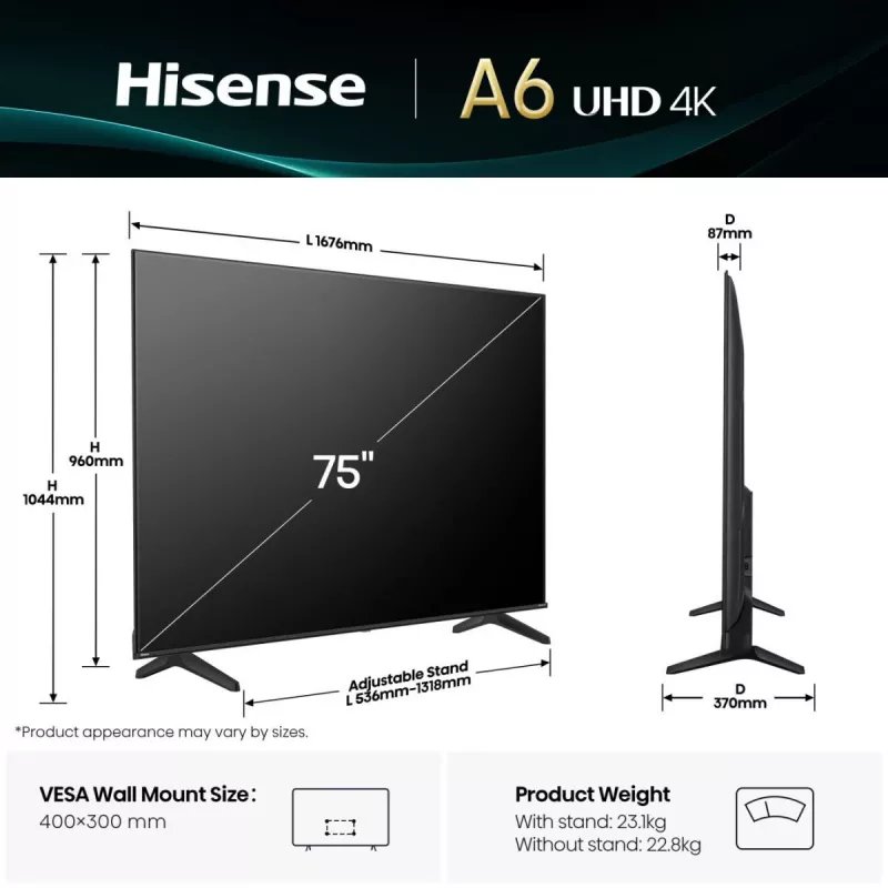 Hisense 75A6Q TV 190,5 cm (75 tolli) 4K Ultra HD nutiTV Wi-Fi Must