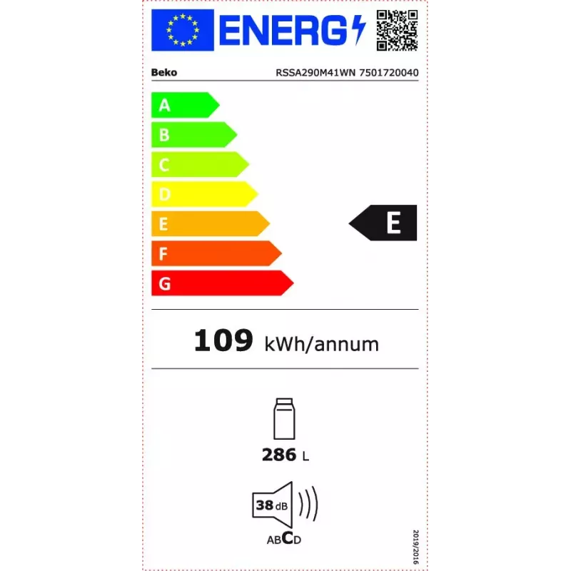 Eraldiseisev külmik BEKO RSSA290M41WN — 286 L maht, E energiaklass, 38 dB, valge