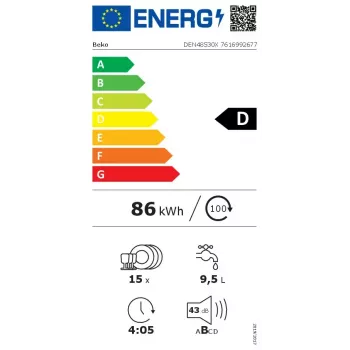 Vabaltseisev nõudepesumasin BEKO DEN48530X, 15 kattekohta, 8 programmi, 44 dB, 598×850×600 mm