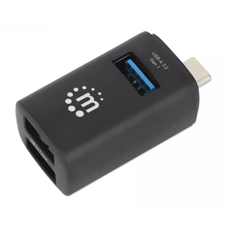 Manhattan USB-C 3-pordiline jaotur, ÜLIKOMPAKTNE, 3x USB-A porti (1x 5 Gbps USB 3.2 Gen1 ehk USB 3.0, 3 x 480 Mbps USB 2.0), USB-toitega (välist toiteallikat pole vaja)