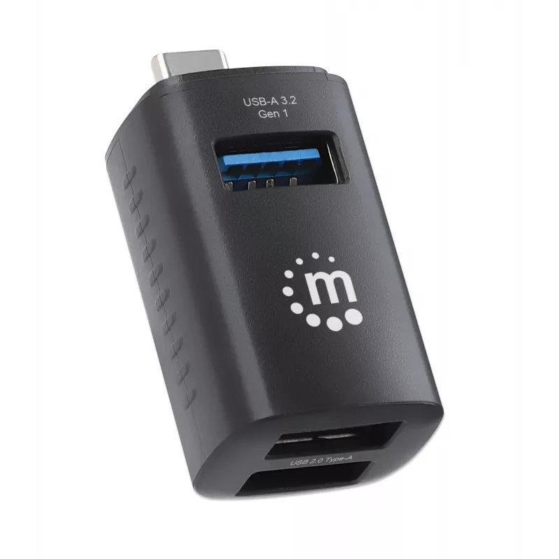 Manhattan USB-C 3-pordiline jaotur, ÜLIKOMPAKTNE, 3x USB-A porti (1x 5 Gbps USB 3.2 Gen1 ehk USB 3.0, 3 x 480 Mbps USB 2.0), USB-toitega (välist toiteallikat pole vaja)
