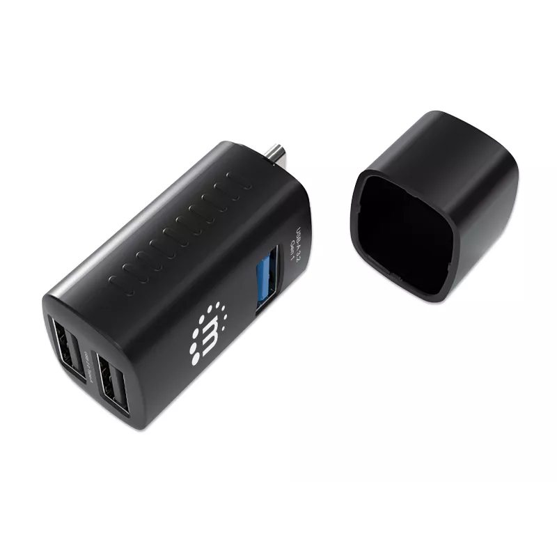 Manhattan USB-C 3-pordiline jaotur, ÜLIKOMPAKTNE, 3x USB-A porti (1x 5 Gbps USB 3.2 Gen1 ehk USB 3.0, 3 x 480 Mbps USB 2.0), USB-toitega (välist toiteallikat pole vaja)
