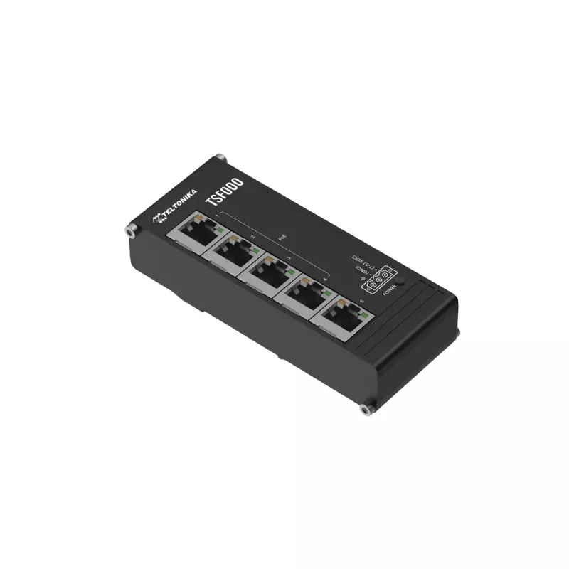 Haldamata Fast Ethernet PoE lauaarvuti lüliti Teltonika TSF000 — 5× 10/100 RJ-45, IEEE 802.3af/at, DC 7–57 V, must
