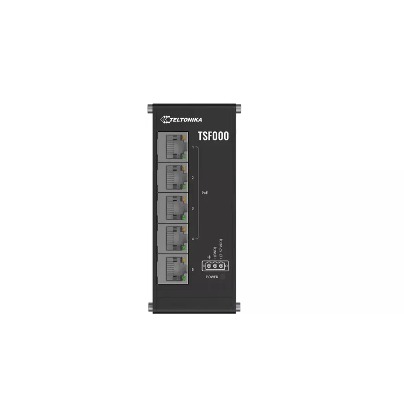 Haldamata Fast Ethernet PoE lauaarvuti lüliti Teltonika TSF000 — 5× 10/100 RJ-45, IEEE 802.3af/at, DC 7–57 V, must