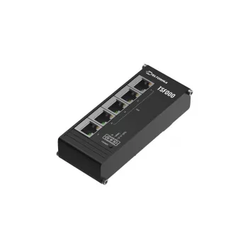 Haldamata Fast Ethernet PoE lauaarvuti lüliti Teltonika TSF000 — 5× 10/100 RJ-45, IEEE 802.3af/at, DC 7–57 V, must