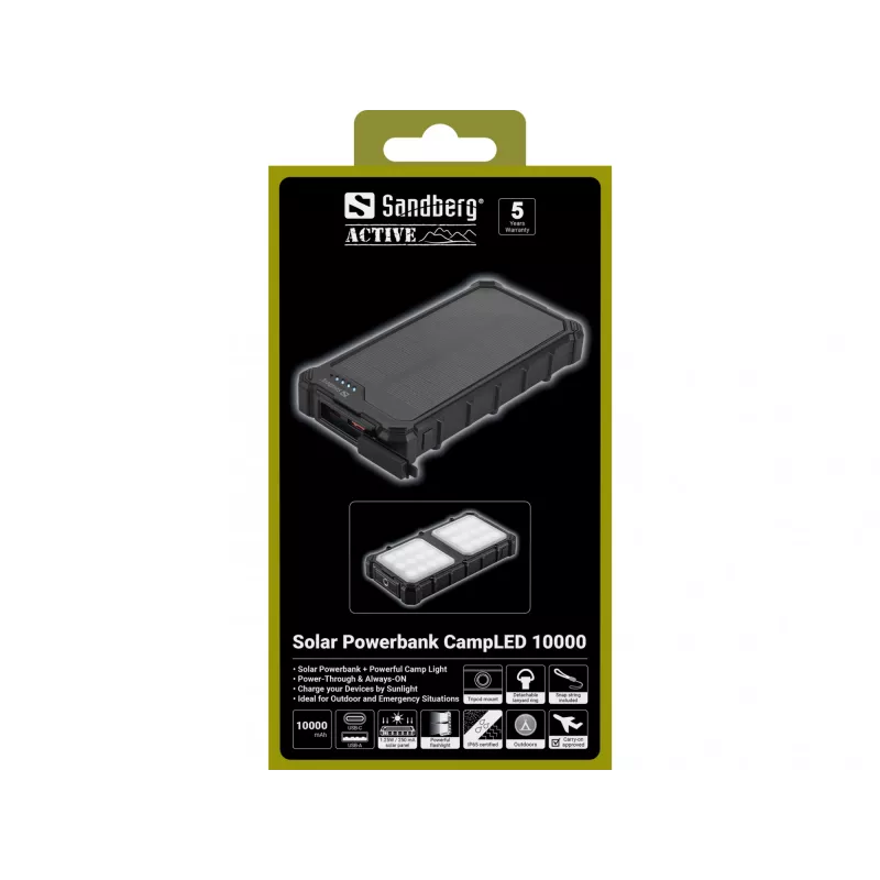 Sandberg Solar Powerbank CampLED 10000, 10000 mAh, Programmeeritav toiteallikas (PPS), 3,7 V, 15 W, Must