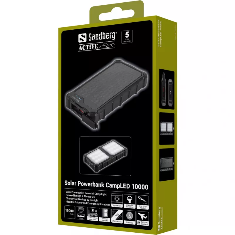 Sandberg Solar Powerbank CampLED 10000, 10000 mAh, Programmeeritav toiteallikas (PPS), 3,7 V, 15 W, Must