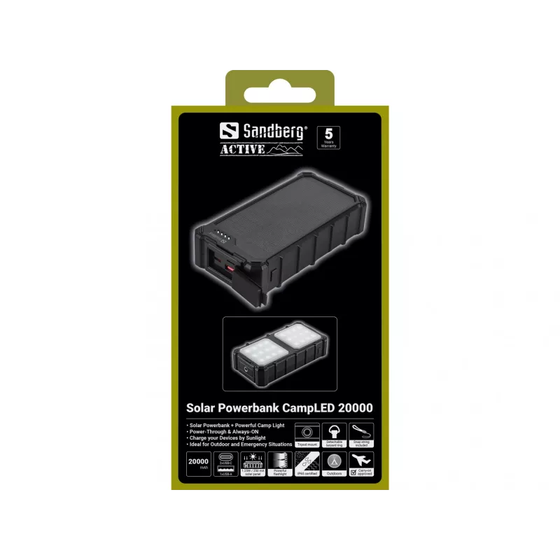Sandberg Solar Powerbank CampLED 20000, 20000 mAh, Programmeeritav Toiteallikas (PPS), 3.7 V, 15 W, Must