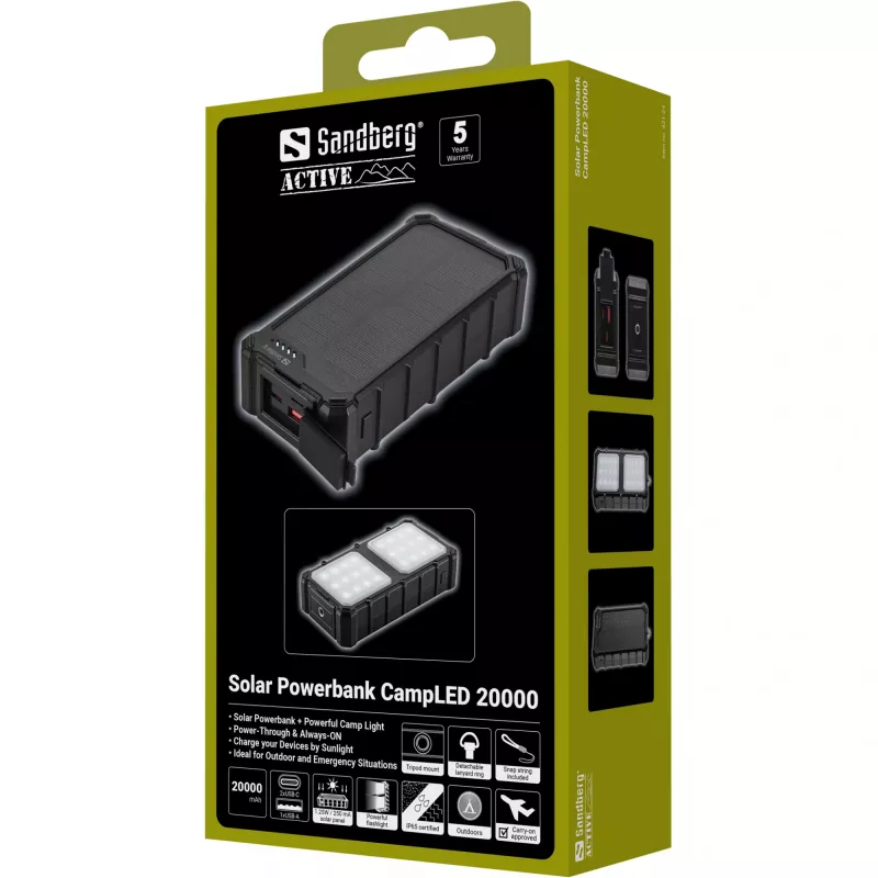 Sandberg Solar Powerbank CampLED 20000, 20000 mAh, Programmeeritav Toiteallikas (PPS), 3.7 V, 15 W, Must
