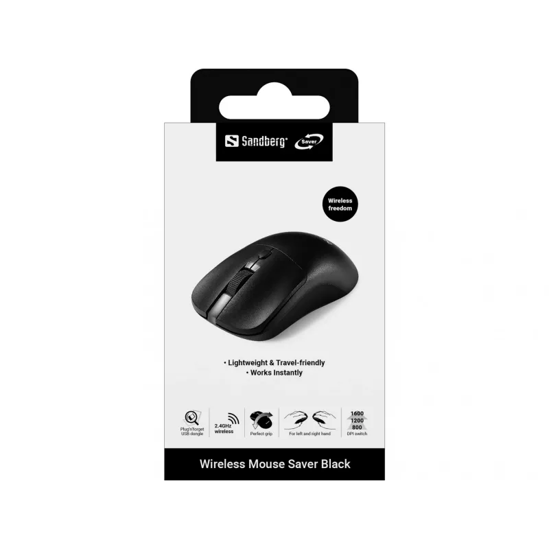 Sandberg Wireless hiir Saver Must, mõlemakäeline, RF-juhtmevaba, 1600 DPI, Must