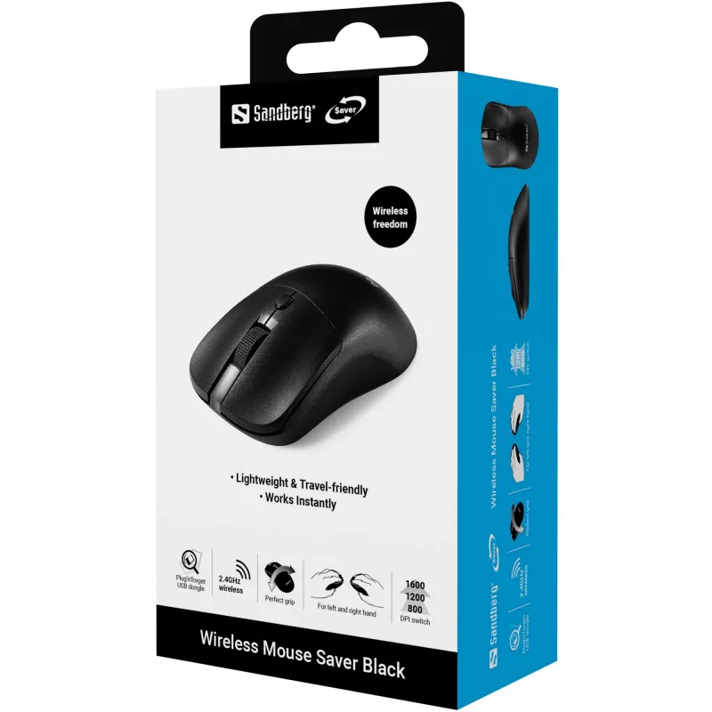 Sandberg Wireless hiir Saver Must, mõlemakäeline, RF-juhtmevaba, 1600 DPI, Must