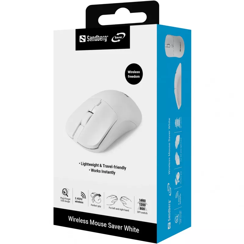 Sandberg Wireless hiir Saver Valge, Mõlemakäeline, RF Wireless, 1600 DPI, Valge
