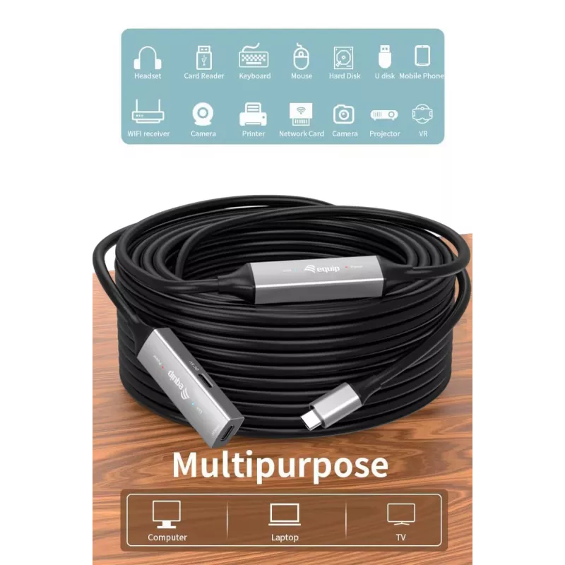 USB-C kuni USB-C aktiivne pikenduskaabel EQUIP 10 m, USB 3.2 Gen 1 (5 Gbps), must